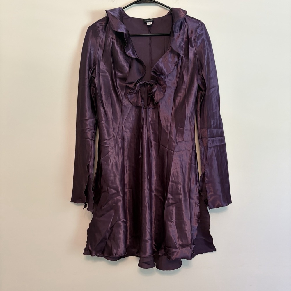 Fredericks Of Hollywood Plum Medium Nightgown Long Sleeve Ruffle Slit V Neck Tie